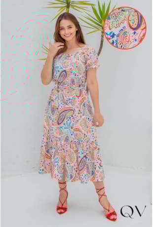 VESTIDO MIDI CREPE ESTAMPA ROSA - VALENTINA SIRRAH
