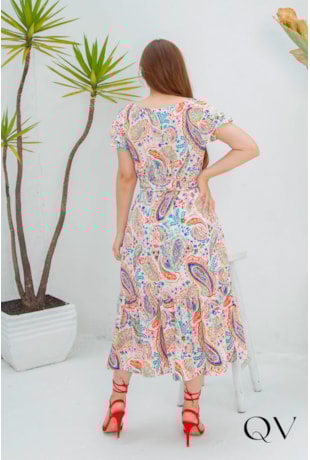VESTIDO MIDI CREPE ESTAMPA ROSA - VALENTINA SIRRAH