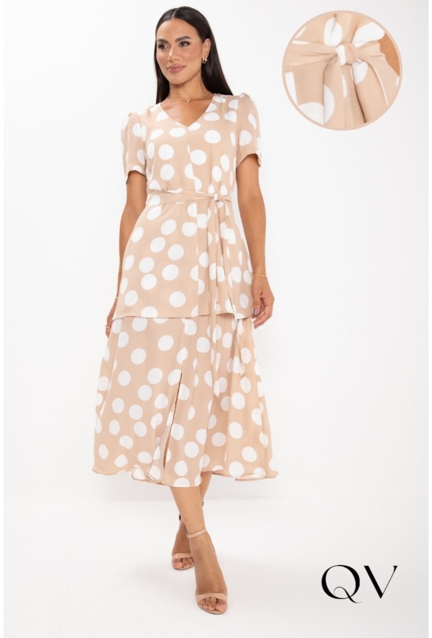 Vestido Midi Crepe Mousse De Poás Bege Lekazis QVestido Moda