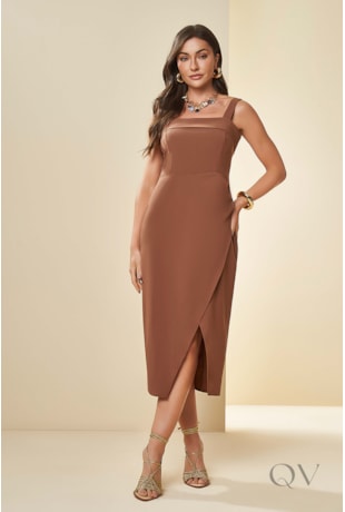 VESTIDO MIDI DE ALÇA EM PLANO ALFAIATARIA MARROM - DOCE TRAMA