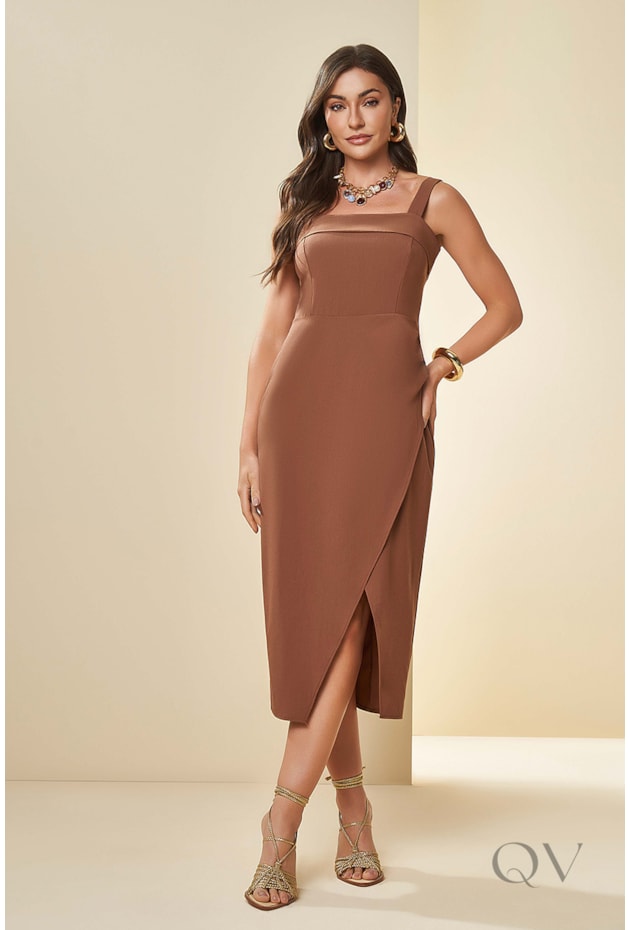 VESTIDO MIDI DE ALÇA EM PLANO ALFAIATARIA MARROM - DOCE TRAMA