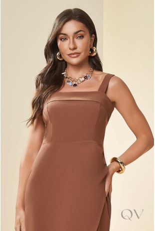 VESTIDO MIDI DE ALÇA EM PLANO ALFAIATARIA MARROM - DOCE TRAMA
