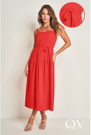 VESTIDO MIDI DE ALÇA EM PLANO LINEN VERMELHO - DOCE TRAMA