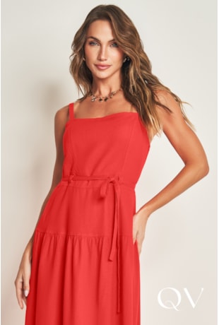 VESTIDO MIDI DE ALÇA EM PLANO LINEN VERMELHO - DOCE TRAMA