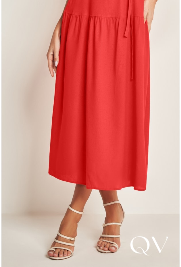 VESTIDO MIDI DE ALÇA EM PLANO LINEN VERMELHO - DOCE TRAMA