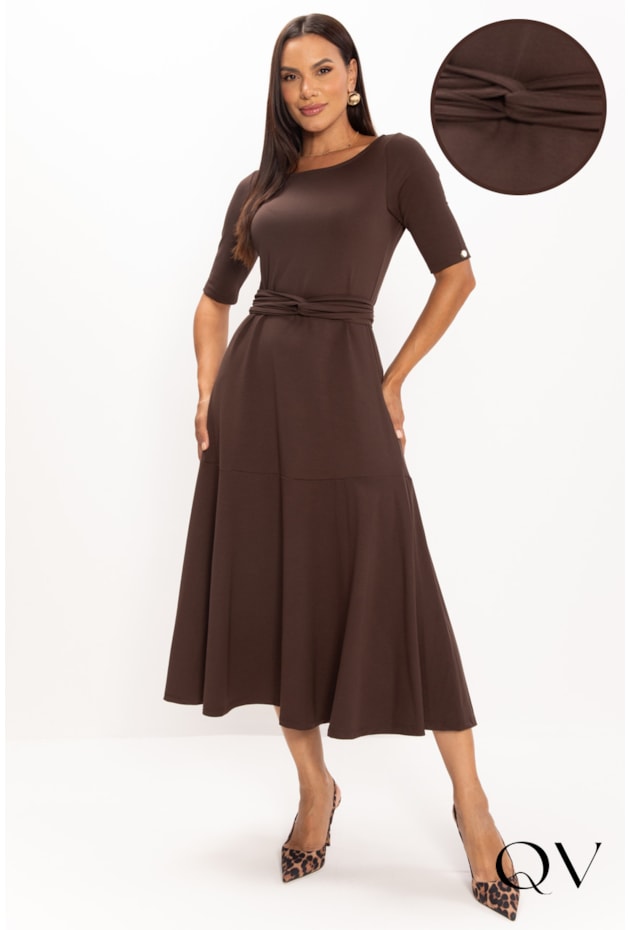 VESTIDO MIDI DE MALHA MOLETINHO MARROM - LEKAZIS