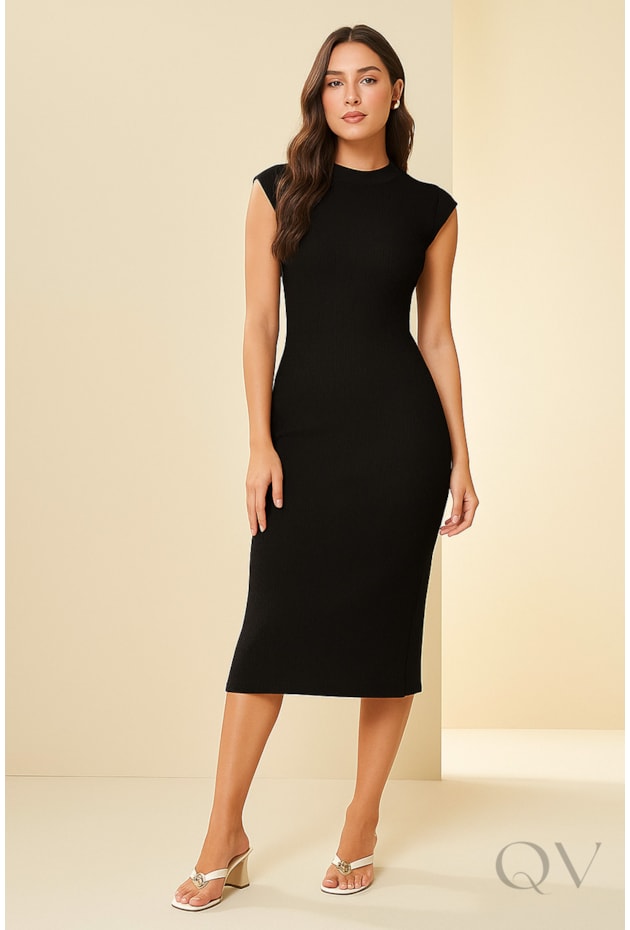 VESTIDO MIDI DE MANGA CURTA EM RIBANA PRETO - DOCE TRAMA