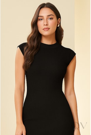 VESTIDO MIDI DE MANGA CURTA EM RIBANA PRETO - DOCE TRAMA