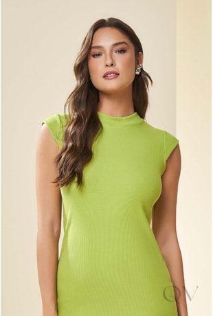 VESTIDO MIDI DE MANGA CURTA EM RIBANA VERDE ABACATE - DOCE TRAMA