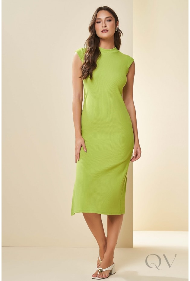 VESTIDO MIDI DE MANGA CURTA EM RIBANA VERDE ABACATE - DOCE TRAMA