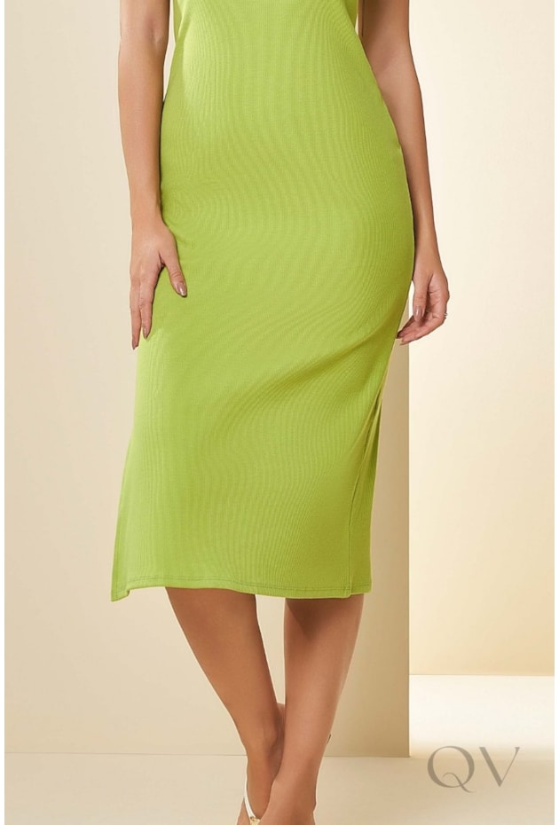 VESTIDO MIDI DE MANGA CURTA EM RIBANA VERDE ABACATE - DOCE TRAMA