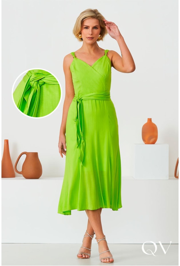 VESTIDO MIDI DECOTE V VERDE LIMA CORA CANELA P - Main Image