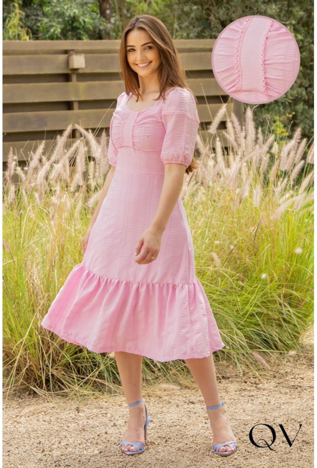 VESTIDO MIDI DETALHE DE GUIPPIR ROSA - VALENTINA SIRRAH VESTIDO MIDI DETALHE DE GUIPPIR ROSA - VALENTINA SIRRAH