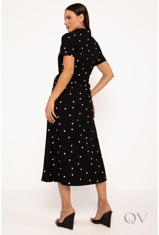 VESTIDO MIDI EM ALFAIATARIA BORDADO PRETO - LEKAZIS