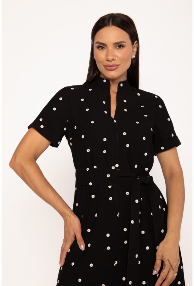 VESTIDO MIDI EM ALFAIATARIA BORDADO PRETO - LEKAZIS