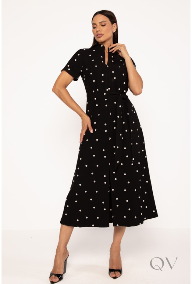 VESTIDO MIDI EM ALFAIATARIA BORDADO PRETO - LEKAZIS