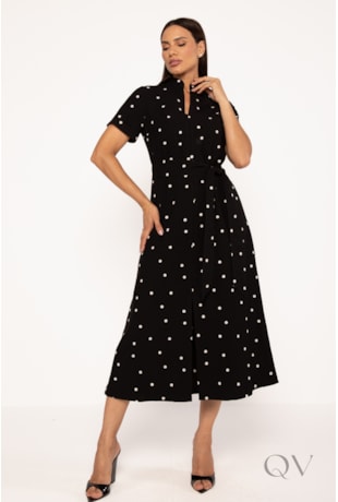 VESTIDO MIDI EM ALFAIATARIA BORDADO PRETO - LEKAZIS