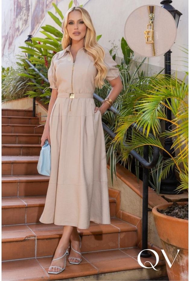 VESTIDO MIDI EM ALFAIATARIA COM CINTO BEGE - LUZIA FAZZOLLI