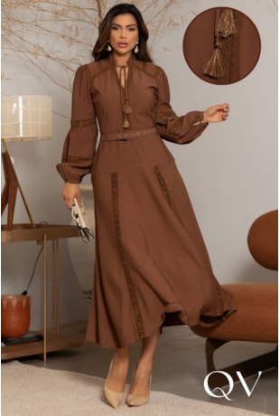 VESTIDO MIDI EM ALFAIATARIA COM ENTREMEIOS MARROM - LUZIA FAZZOLLI
