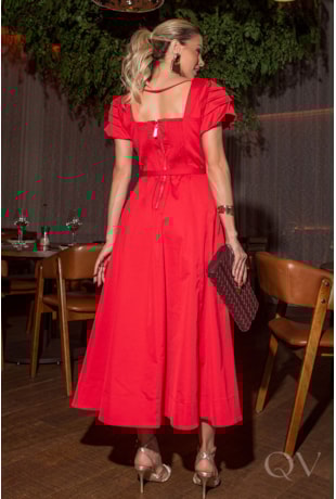 VESTIDO MIDI EM ALFAIATARIA COM NESGAS VERMELHO - LUZIA FAZZOLLI