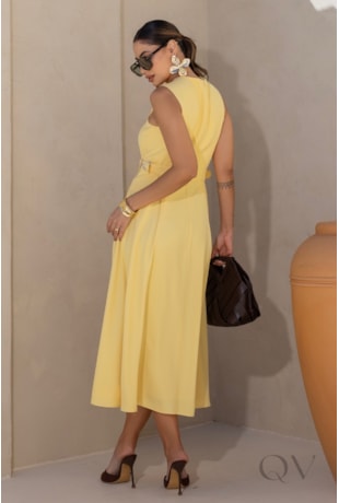 VESTIDO MIDI EM ALFAIATARIA MANTEIGA - LUZIA FAZZOLLI