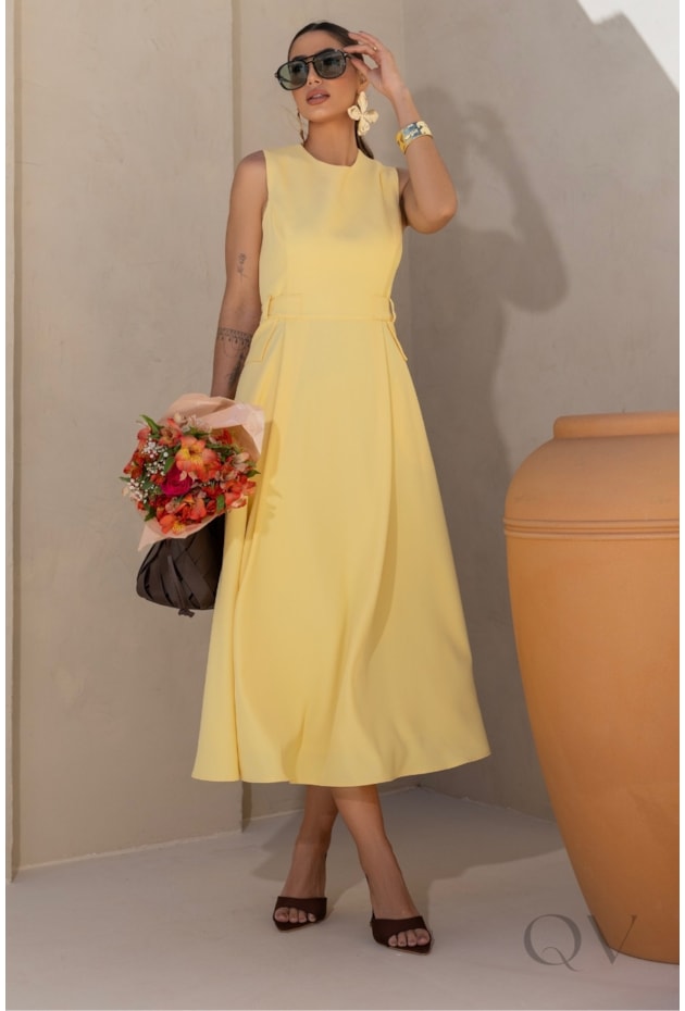 VESTIDO MIDI EM ALFAIATARIA MANTEIGA - LUZIA FAZZOLLI