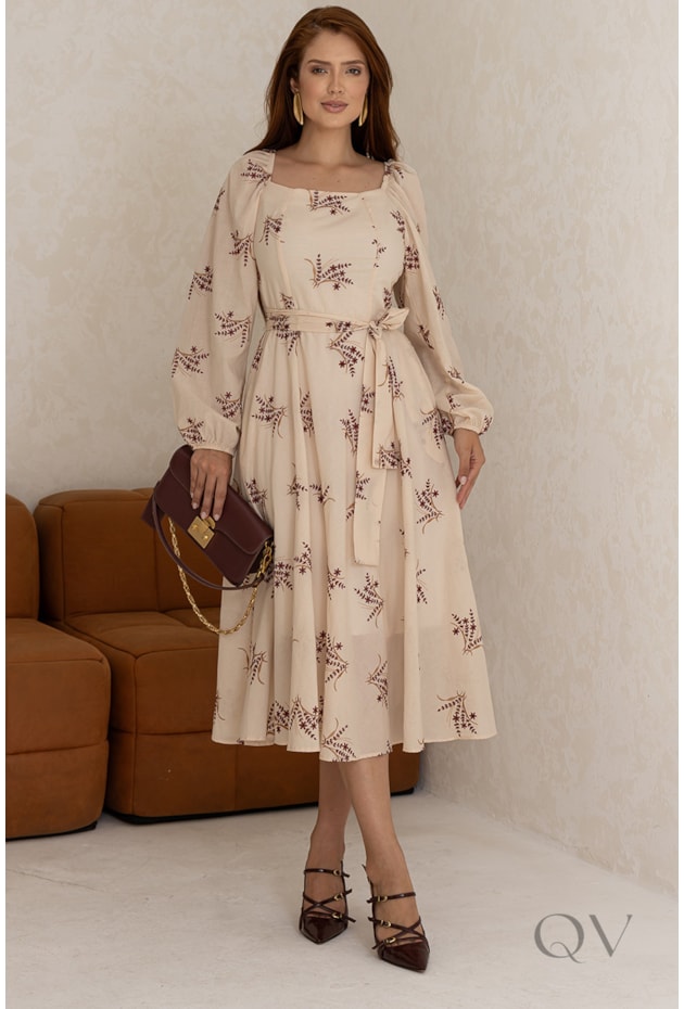 VESTIDO MIDI EM CAMBRAIA BORDADA CREME - JANY PIM