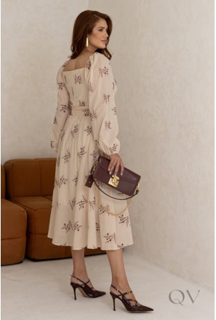 VESTIDO MIDI EM CAMBRAIA BORDADA CREME - JANY PIM