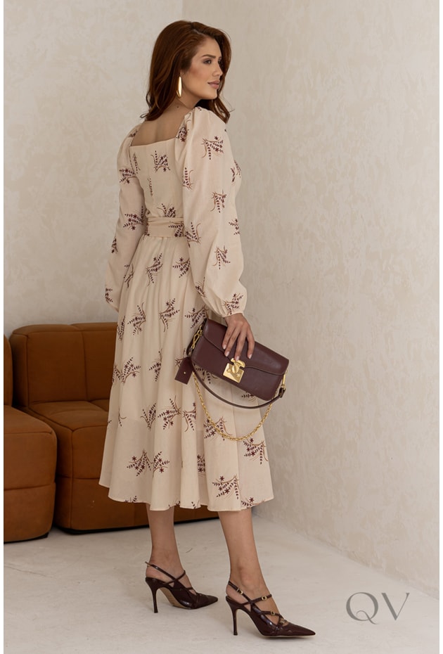 VESTIDO MIDI EM CAMBRAIA BORDADA CREME - JANY PIM