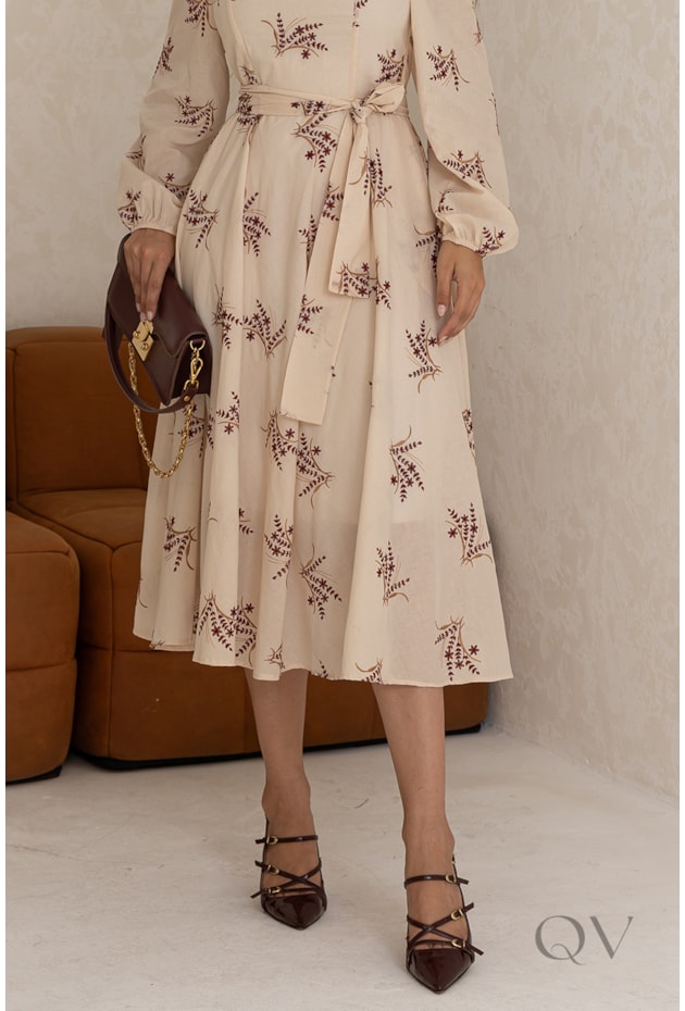 VESTIDO MIDI EM CAMBRAIA BORDADA CREME - JANY PIM