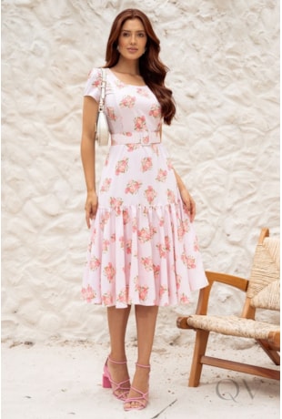 VESTIDO MIDI EM CAMISARIA FLORAL ROSA CLARO - JANY PIM