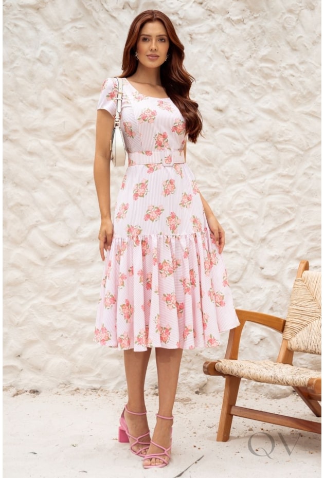VESTIDO MIDI EM CAMISARIA FLORAL ROSA CLARO - JANY PIM