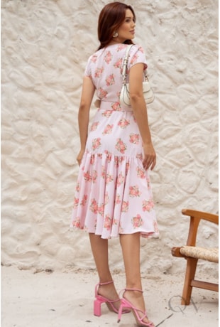 VESTIDO MIDI EM CAMISARIA FLORAL ROSA CLARO - JANY PIM