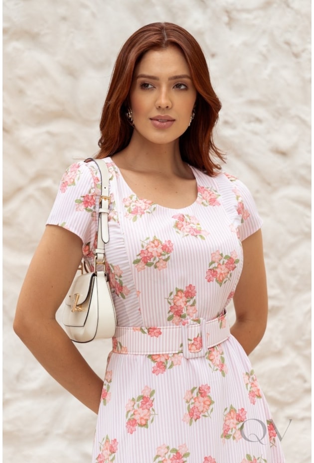 VESTIDO MIDI EM CAMISARIA FLORAL ROSA CLARO - JANY PIM