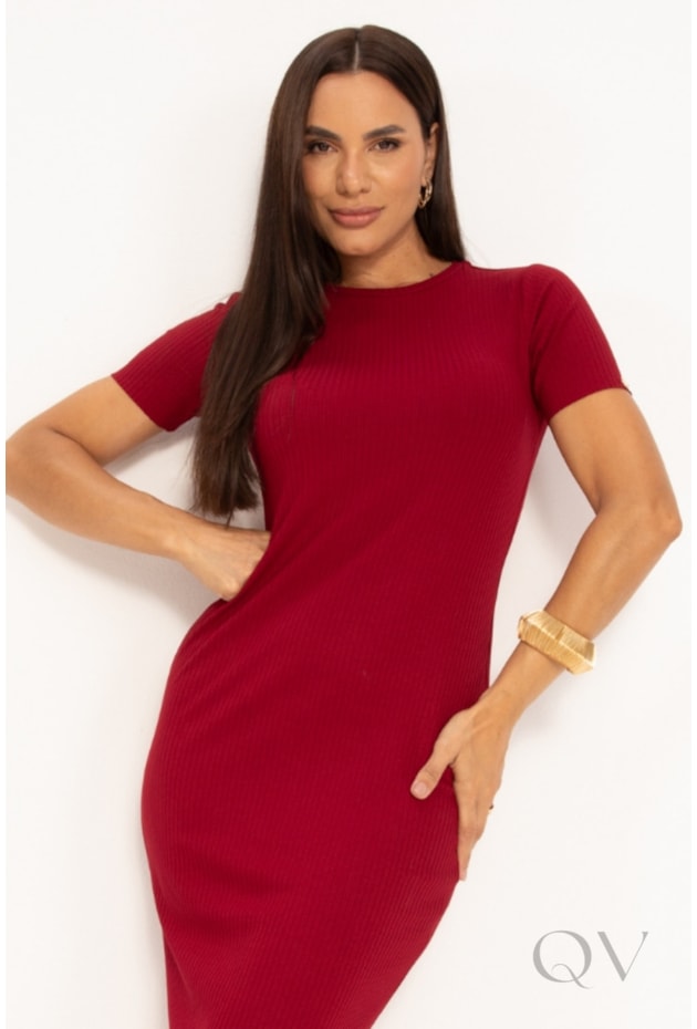 VESTIDO MIDI EM CANELADO CLÁSSICO VERMELHO - LEKAZIS