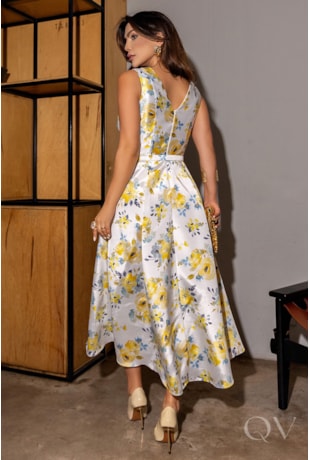 VESTIDO MIDI EM CHANTEL ESTAMPADO FLORAL - LUZIA FAZZOLLI