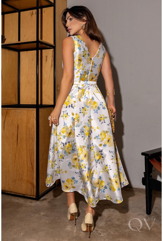 VESTIDO MIDI EM CHANTEL ESTAMPADO FLORAL - LUZIA FAZZOLLI
