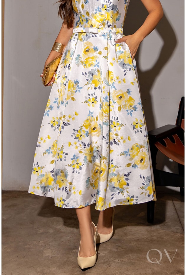 VESTIDO MIDI EM CHANTEL ESTAMPADO FLORAL - LUZIA FAZZOLLI