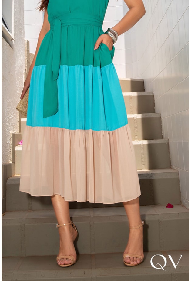 VESTIDO MIDI EM CHIFFON COLOR BLOCK - LUZIA FAZZOLLI