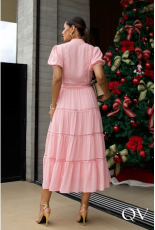 VESTIDO MIDI EM CHIFFON COM ENTREMEIO ROSA - LUZIA FAZZOLLI