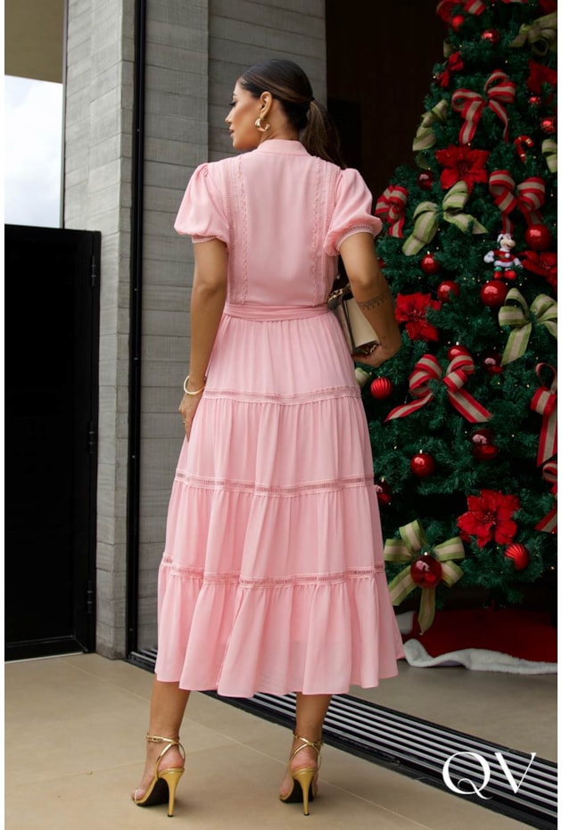 VESTIDO MIDI EM CHIFFON COM ENTREMEIO ROSA - LUZIA FAZZOLLI