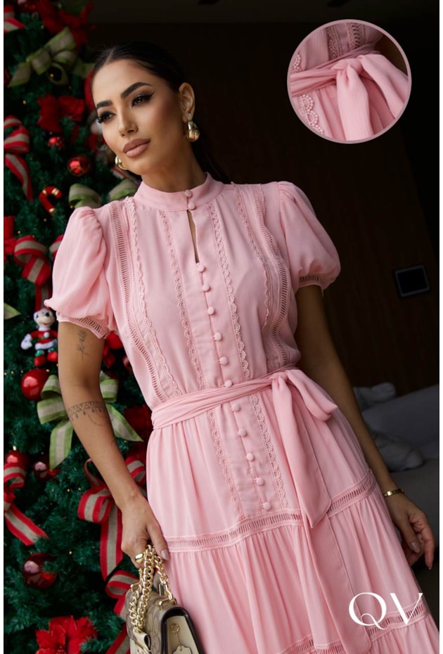 VESTIDO MIDI EM CHIFFON COM ENTREMEIO ROSA - LUZIA FAZZOLLI