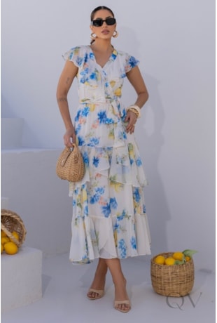VESTIDO MIDI EM CHIFFON ESTAMPADO FLORAL - LUZIA FAZZOLLI