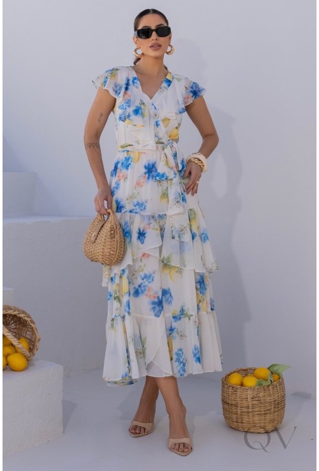 VESTIDO MIDI EM CHIFFON ESTAMPADO FLORAL - LUZIA FAZZOLLI