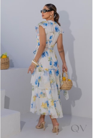 VESTIDO MIDI EM CHIFFON ESTAMPADO FLORAL - LUZIA FAZZOLLI