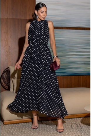 VESTIDO MIDI EM CHIFFON POÁ PRETO - LUZIA FAZZOLLI