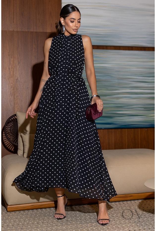 VESTIDO MIDI EM CHIFFON POÁ PRETO - LUZIA FAZZOLLI