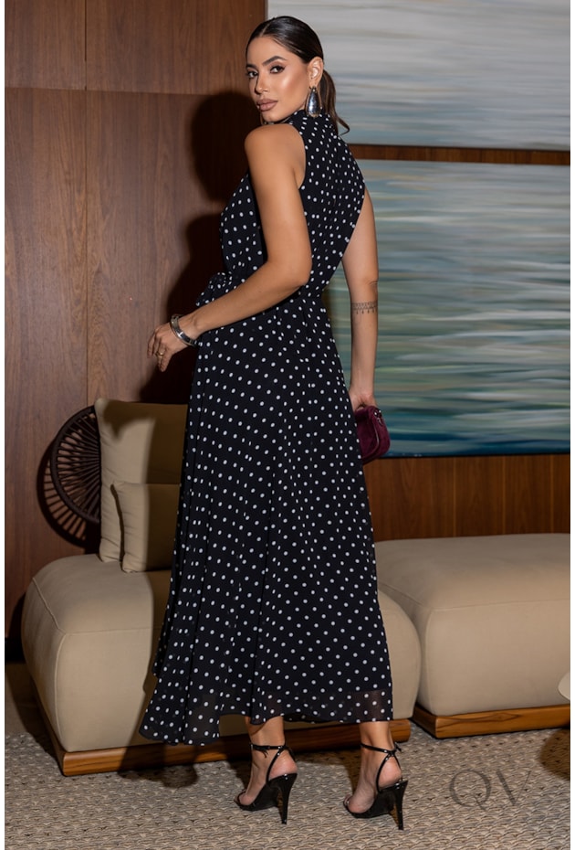 VESTIDO MIDI EM CHIFFON POÁ PRETO - LUZIA FAZZOLLI