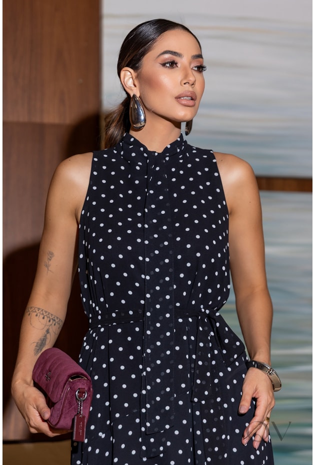 VESTIDO MIDI EM CHIFFON POÁ PRETO - LUZIA FAZZOLLI