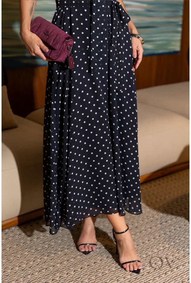 VESTIDO MIDI EM CHIFFON POÁ PRETO - LUZIA FAZZOLLI